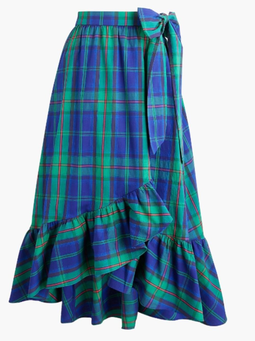 J. Crew, XL Blue & Green Plaid Ruffle Hem Midi Skirt, NWT, 100% cotton